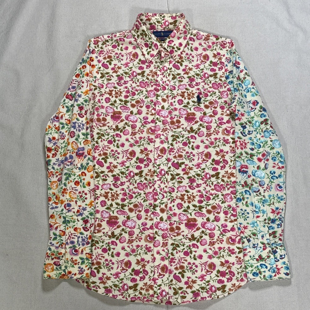 Polo Ralph Lauren Floral Blouse Knit Oxford Button Up Retro Shirt Sz M